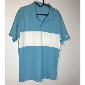 Nike Golf Dri-Fit Light Blue White Polo Shirt Men Medium Standard Swoosh Stripe